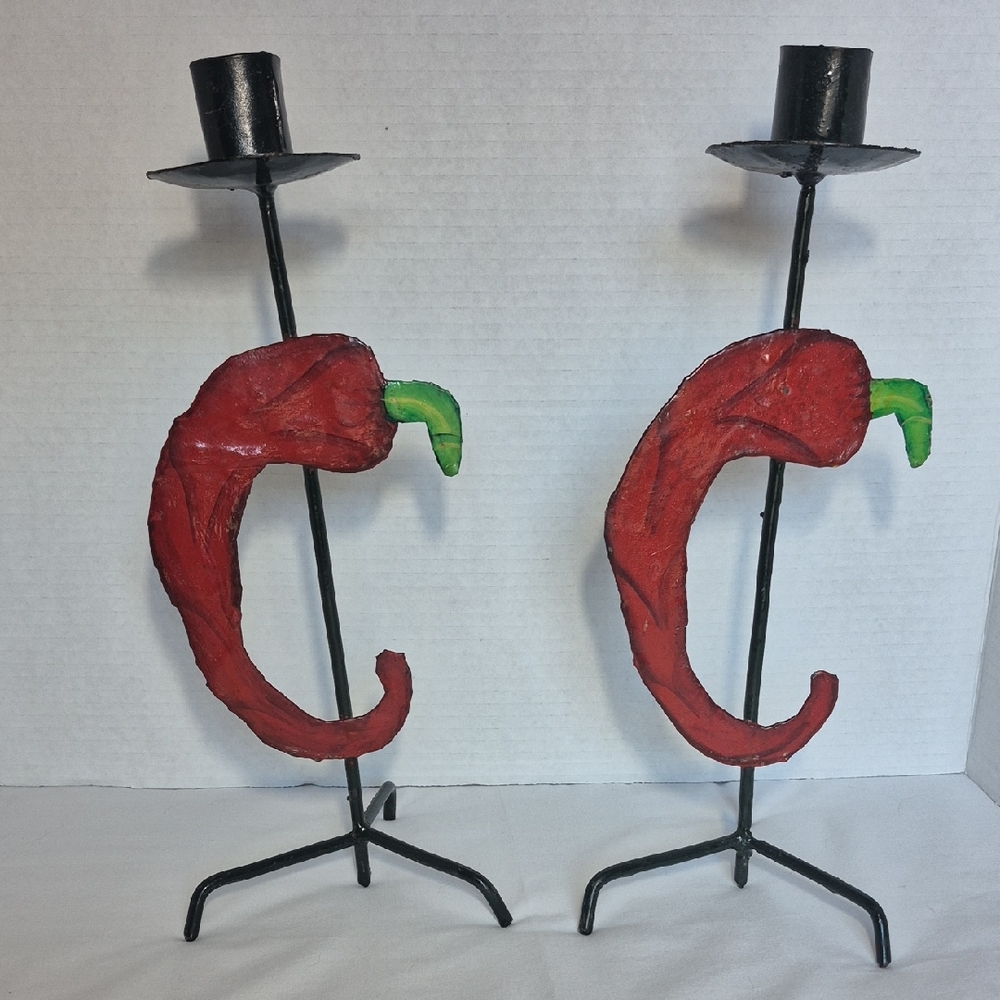 Rustic Metal Handcrafted Red and Green Chili Pepper Candle Holders